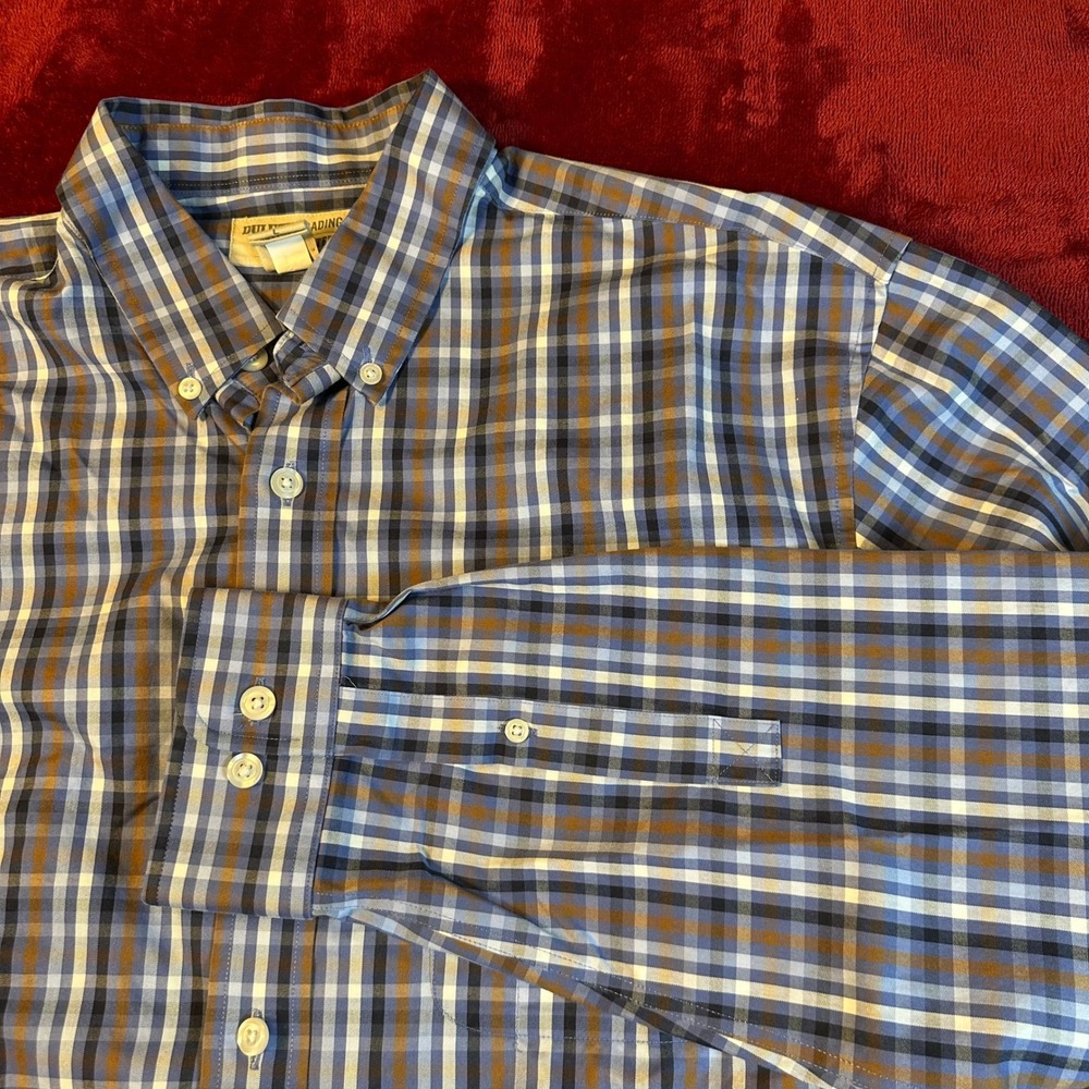 Duluth Trading Co Wrinklefighter Shirt Mens Large Blue Brown Plaid Button Down L